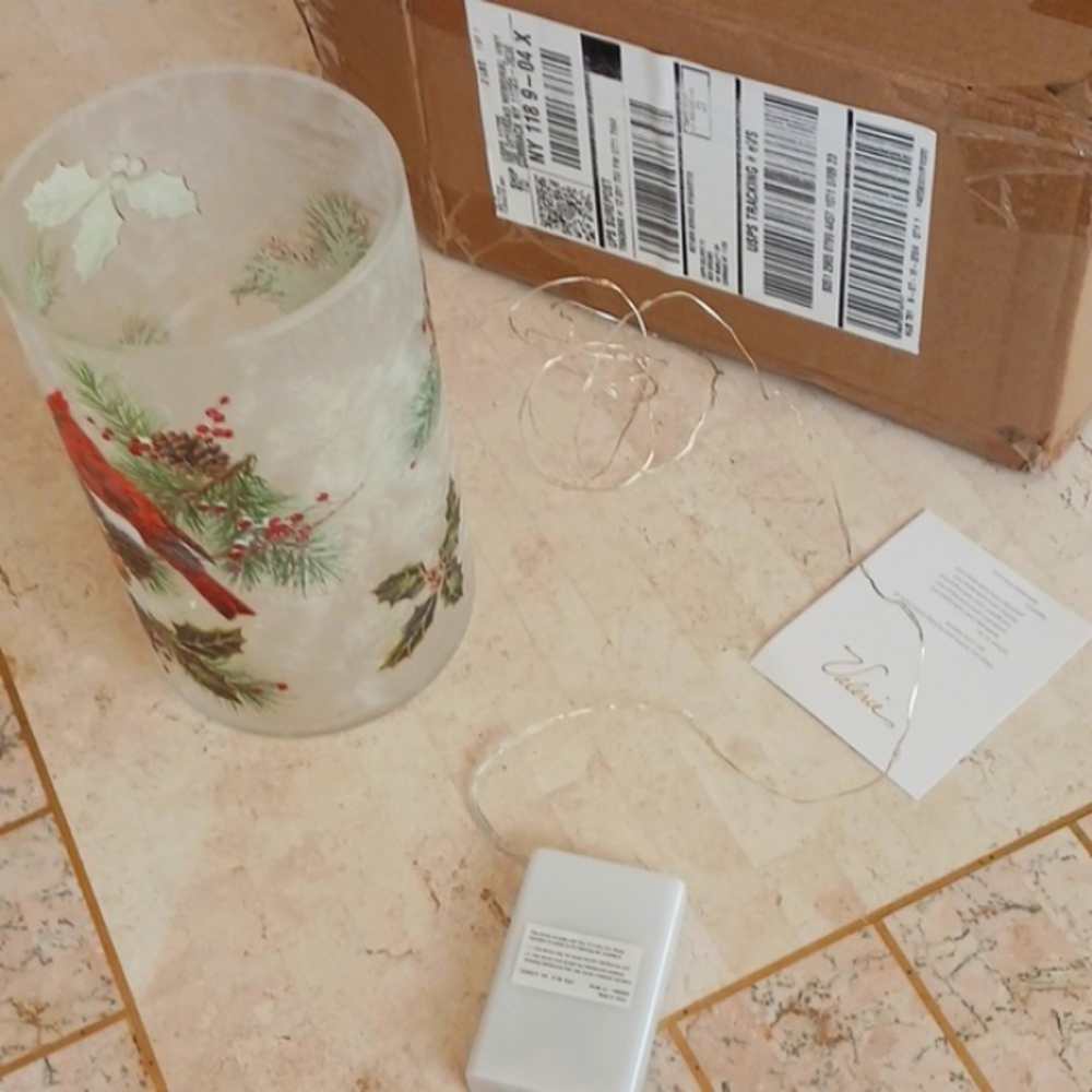 Holiday hurricane/vase 8" frosted glass w/ cardinals, by Valeri/Qvc,w-lights,New - Picture 8 of 16